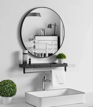 Round Black Wall Mount Mirror With Shelf