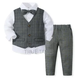 Toddler Boy's 3pcs Plaid Striped Waistcoat, Shirt Trousers