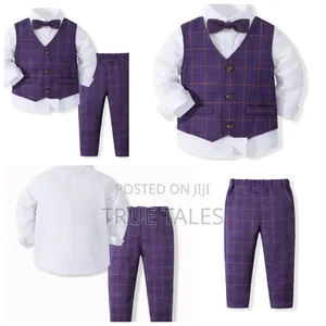 Toddler Boys Plaid Purple Waistcoat,Shirt Trousers 3pcs Set