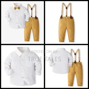 Toddler Boys Shirt Gold Trousers With Suspenders 3pcs Set