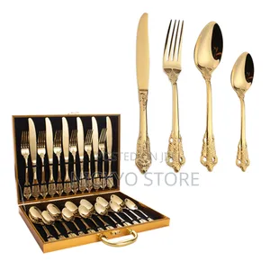 Generic Golden Wooden Box Flatware 24pcs Cutlery Dinner Set