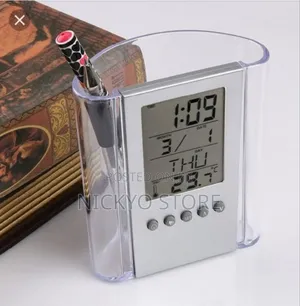 Transparent Desk Table Clock Pen Container Alarm