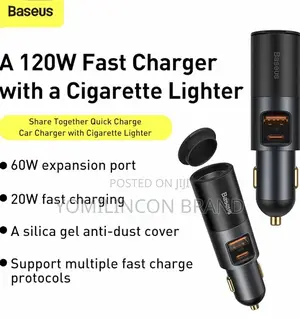 Baseus USB + USB Type C + Cigarette Lighter Car Charger 120W