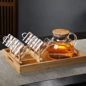 Tea Cup Transparent With 6 Cups and Wooden Cup Stand