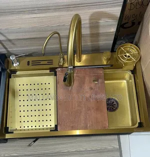 Modern Gold Kitchen Sink With Waterfal Faucets Sets