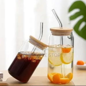 Cylinder Glass Cup With Straw and Bamboo