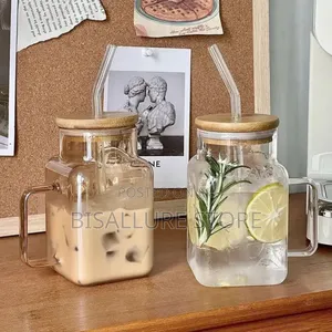 Square Shape Glass Cup With Straw