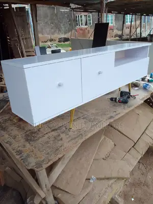White Tv Shelf With 2drawer and Gold Castor