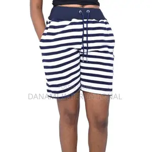 Danami Ribbed Waist Women White Navy Blue Striped Shorts