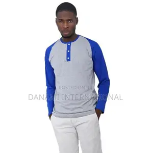 Danami Henley Long Sleeve T Shirt- Light Grey/Royal Blue