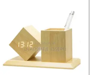 Wooden Table Pen Stand With Clock