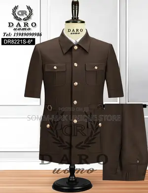 2 in 1 Bishop Neck Short Sleeve Safari Suit - Black