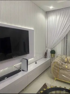 Luxury White Tv Consul and Curtains Drep