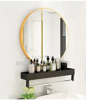 Bathroom Mirror, Shelves With Towel Bar Black and Gold 60cm