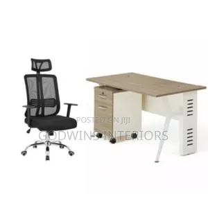 A Set of Office Table With Office Executive Mesh Chair