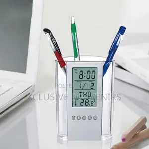 Office Stationary Digital Calendar Desk Clock Pen Holder