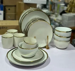 16pcs White and Gold Ceramics Dinner Set Plates
