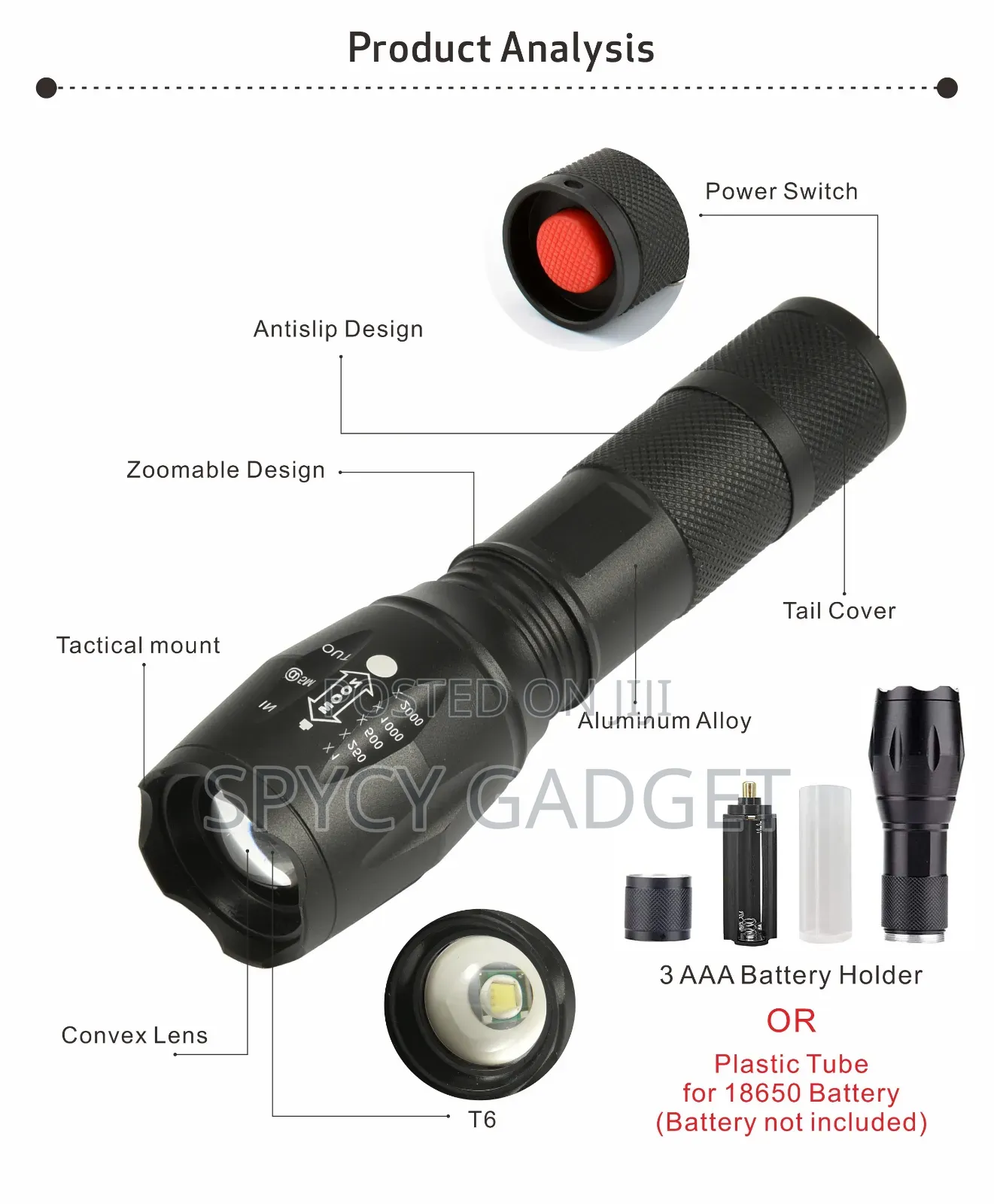 T6 Tactical Security Zoomable Rechargeable Flashlight