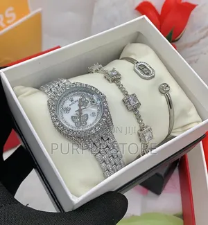 Rolex Female Silver Stoned Watch and Bracelets