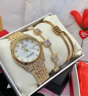 Rolex Women Gold Stoned Watch and Bracelets Set
