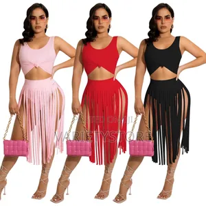 Sexy Tassel Two Piece Skirt Set Beach Party Dress Suit
