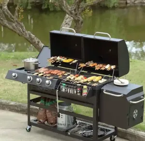 Gas And Charcoal BBQ Grill With Side Stove And Storage