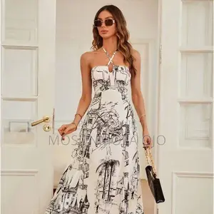 Female Casual Midi Halter Collar Hollow Out Dress