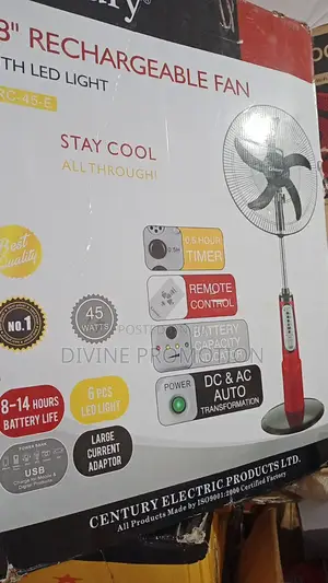 18" Century Rechargeable Fan, Red Color With 5 Blades