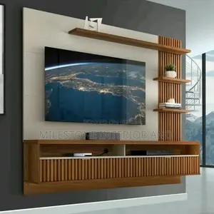 Suspended Tv Panel Design With Shelves and Flutter Panels