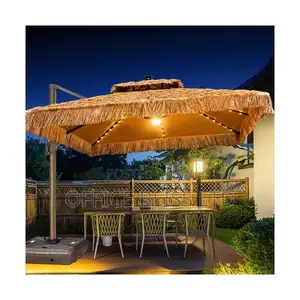 Outdoor Synthetic Thatch Roof Umbrella With Solar Led Light