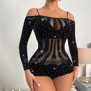 Rhinestones Sexy Body Stocking Fishnet Bodysuit Long Sleeve