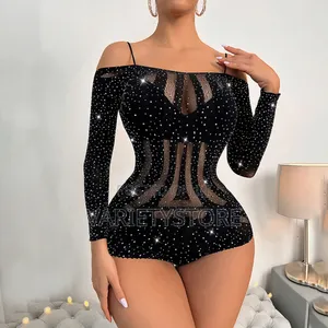 Rhinestones Sexy Body Stocking Fishnet Bodysuit Long Sleeve