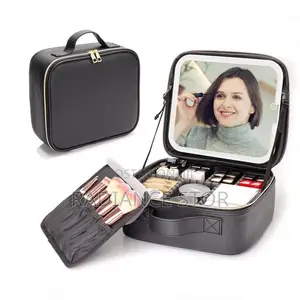 Leather Cosmetics/Makeup Bag With Mirror Led Light