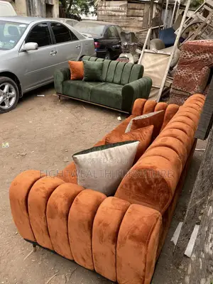 Channel Back Sofa With Center Table and Stools