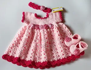 Pink Crochet Baby Gown Dress With Roses