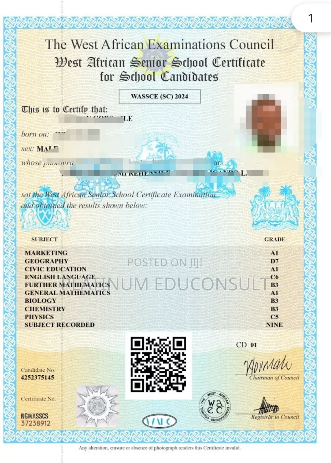Original WAEC Result