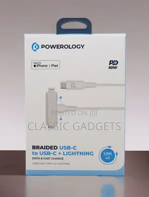 Powerology Braided 60w Pd USB-C +iPhone 1.2m 4ft Cable-