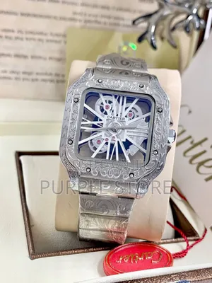 Cartier Engraved Body Transparent Dial Watch Silver