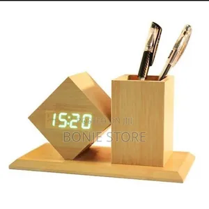 Wooden Digital Clock and Pen Holder - Kite Round Shape