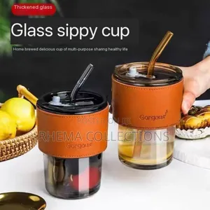 350ml Leather Grip Glass Cup With Glass Straw