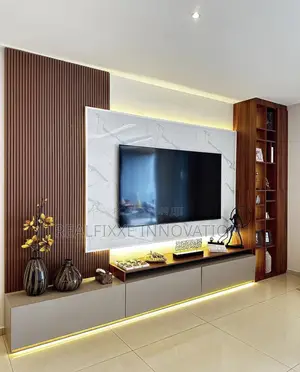 Contemporary TV Console and Fluted Panels And. LED Lighting