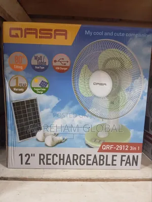 Qasa 12" 3 in 1 Rechargeable Wall/Table Fan With Solar Bulb