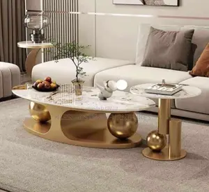 Gold Center Table With 1 Side Stool Marble Top