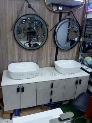 Double Bowl Cabinet Basin With Round Mirrors