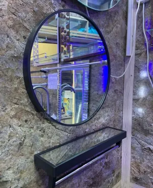 Round Black Wall Mount Mirror With Shelf