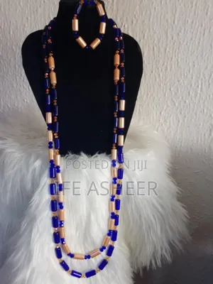 Royal Blue Mixed With Gold Navel Length Neck Beads