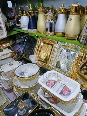 3 Set Golden Trays in Shelve and Golden Jugs