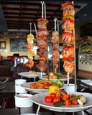 Hanging Barbecue Skewers Stand With Ceramic Plates