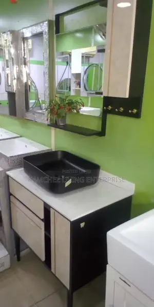 Modern Black Vessel Sink Vanity With Mirror and Storage