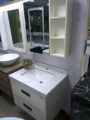Modern White Vessel Sink Vanity With Mirror and Shelving